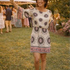 Daytrip Cream Dress with Pink and Black Medallion Print